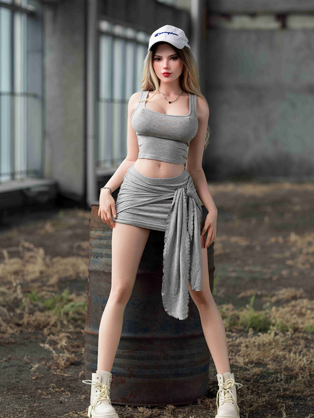Alya-Rose standing on the oil drum in the complete gray set, cap and boots on