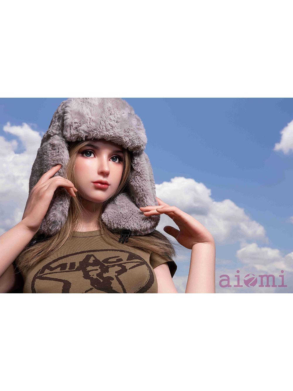 Camille with a hand to the fur hat and nothing but blue sky and cloud behind her