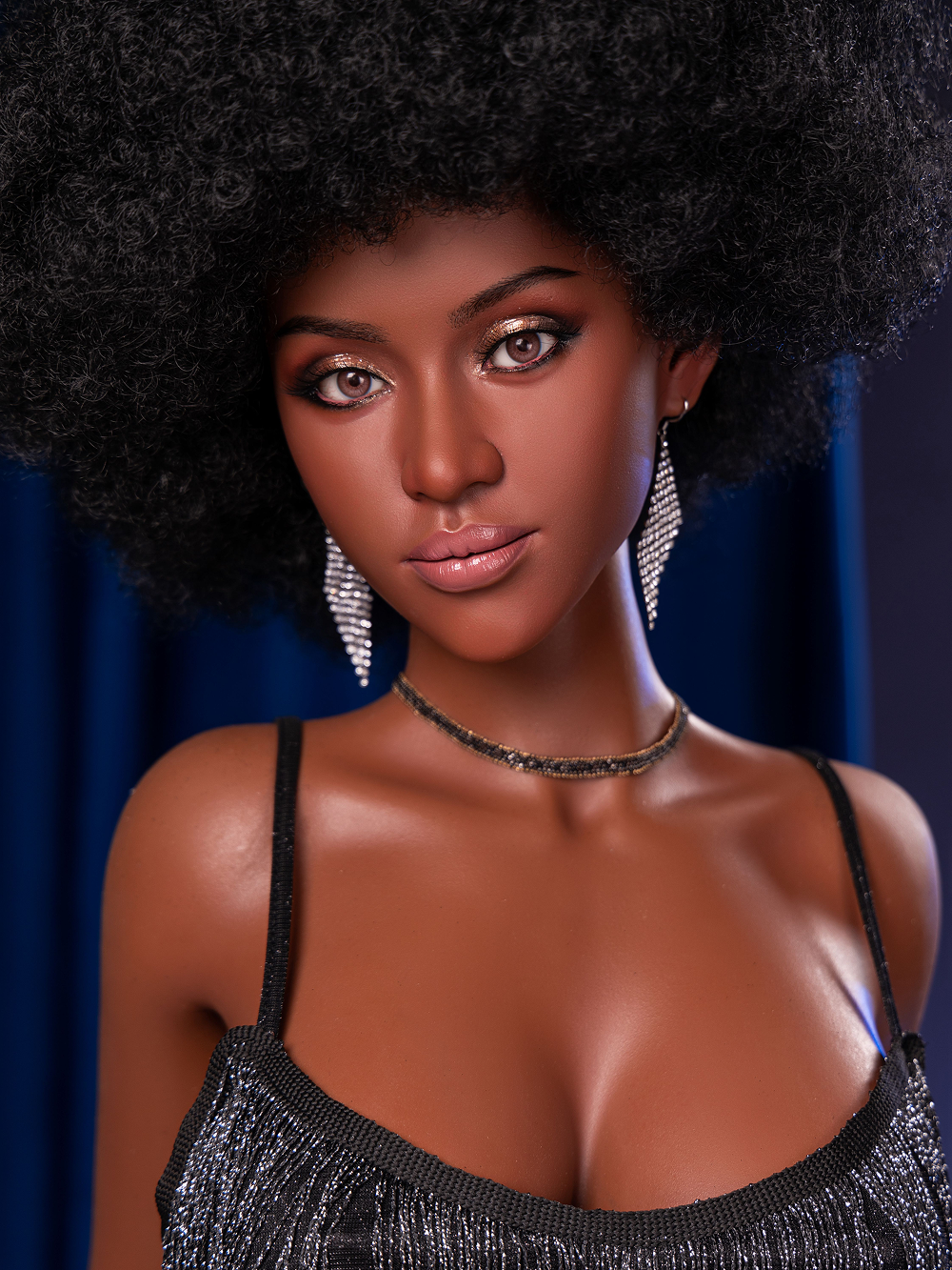 Celia close on the chest, the beaded choker and the fringed straps over warm brown skin