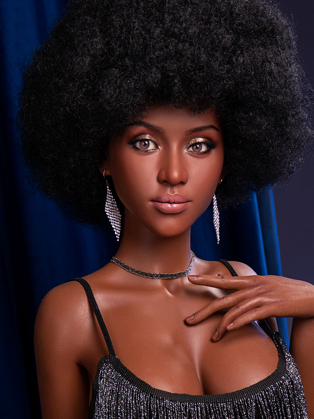 Celia with a hand at her throat under the choker, the afro at its full round width