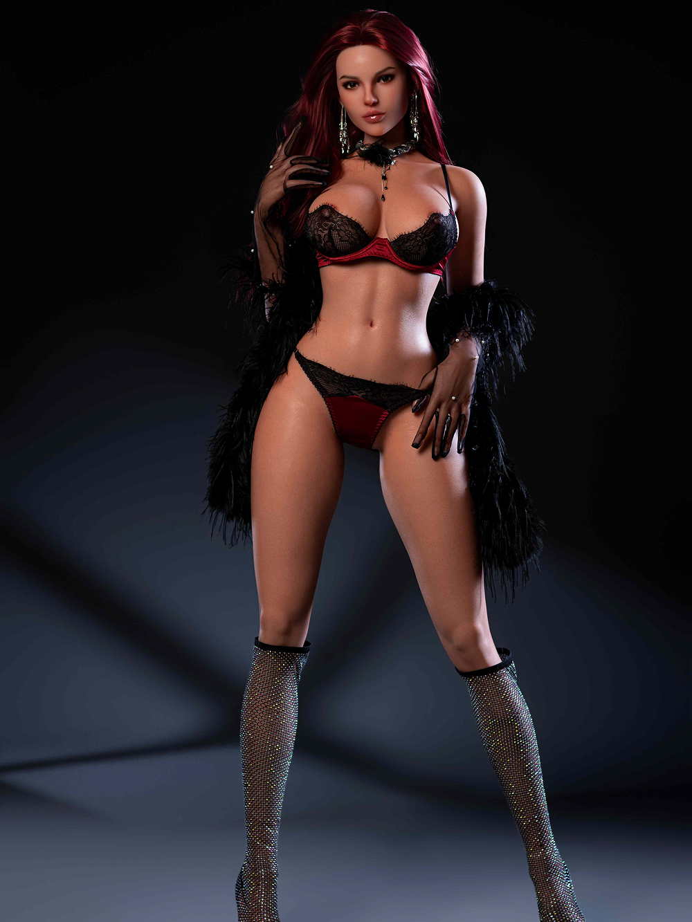Cléo standing in black lace and red, a feather boa hanging down both arms over rhinestone boots